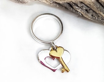 Silver heart pendant ring lock and Key for women, dangle charm ring with heart pendant, cool rings, handmade italian jewelry