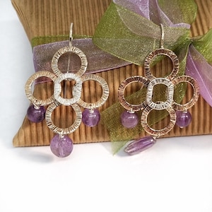 Big geometric hoop earrings in sterling silver and bronze with amethyst stone, handmade  dangle earrings for women, chandelier earrings