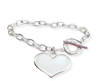 Silver chain bracelet with heart pendant and T bar clasp for women, trendy bracelets, Italian jewelry