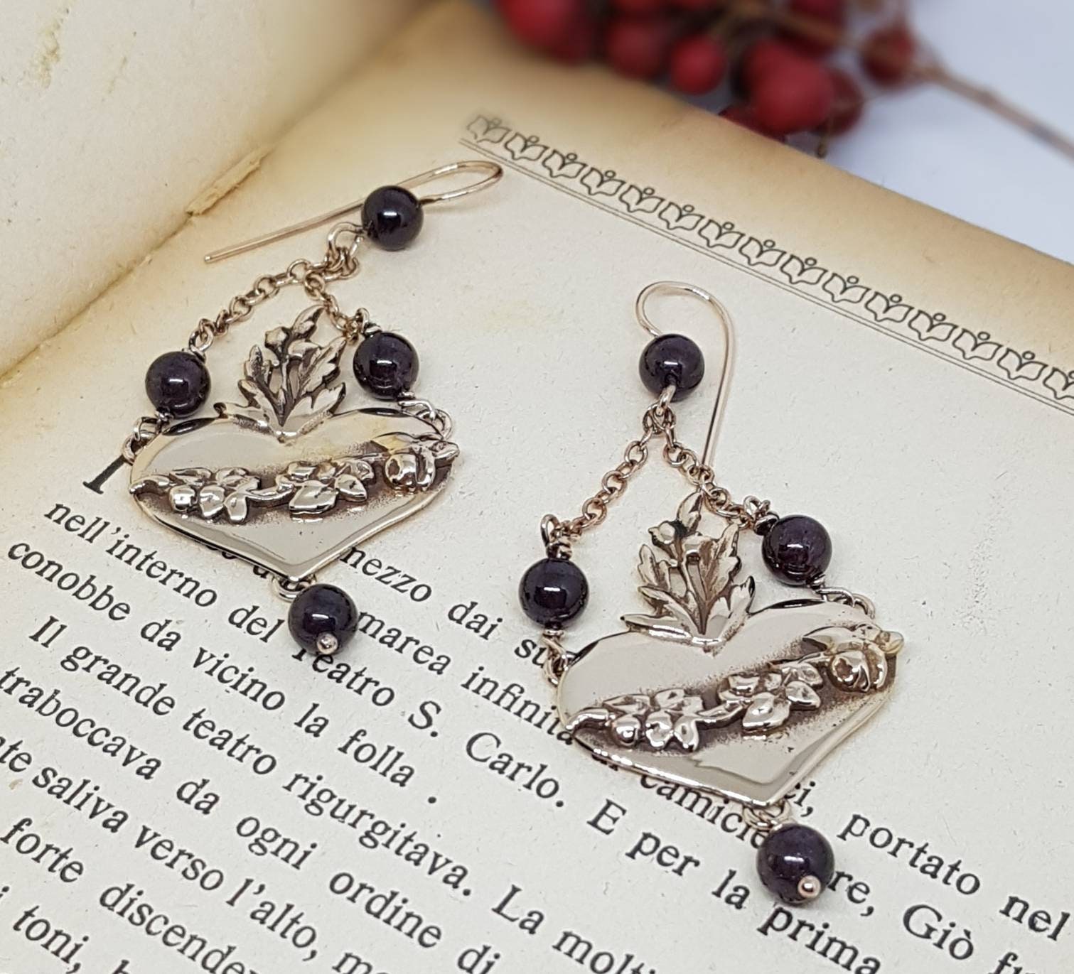Sacred heart ex voto earrings dangle with rosary chain garnet and rose blossom, lampwork goth Mexican handmade earrings, flaming heart