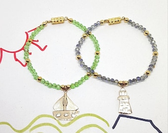 Beaded bracelets with charms lighthouse or Sail Boat, crystal bracelet, nautical bangle bracelet, handmade charm bracelet, italian jewelry