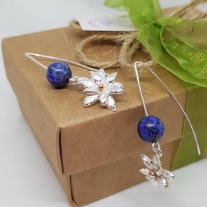 Long flower earrings dangle, Silver earrings dangle with blue lapis stone and flower for women, forget me not earrings, open hoop earrings