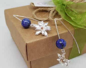 Long flower earrings dangle, Silver earrings dangle with blue lapis stone and flower for women, forget me not earrings, open hoop earrings