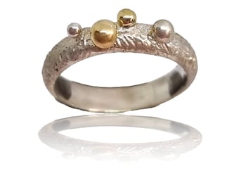 Bubble ring, silver Band Ring for women with 18k gold and Pure Silver Drops, mixed metal ring, organic silver ring, modern engagement ring