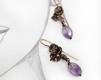 Rose earrings dangle with amethyst stone for women, romantic goth rose blossom earrings, trad goth italian jewelry, fairycore earrings