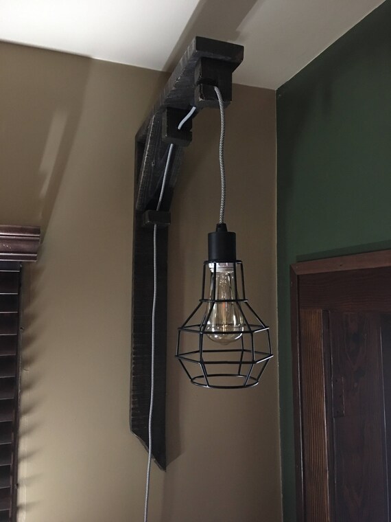 Wire Shade Pendant Light with Hanging Bracket Reclaimed Wood Etsy