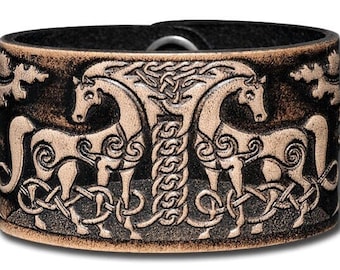 Celtic Leather Bracelet Wristband Cuff Embossed 40mm Celtic Horses (11) Black-Antique with Snap Fasteners (nickel free)