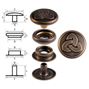 Brass (nickel free) Ring-Spring Snap Fastener Button “F3” 17mm Celtic Trinity, Rapid Rivet Button, Finish: Brass-Antique