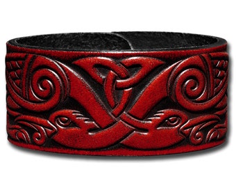 Celtic Leather Bracelet Wristband Cuff Embossed 32mm Celtic Cranes with Trinity (16) Mahogany-Antique with Snap Fasteners (nickel free)