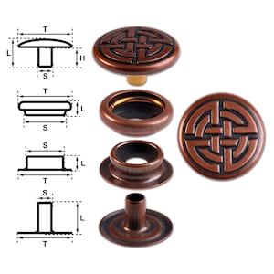 Brass (nickel free) Ring-Spring Snap Fastener Button “F3” 17mm Celtic Knot, Rapid Rivet Button, Finish: Copper-Antique