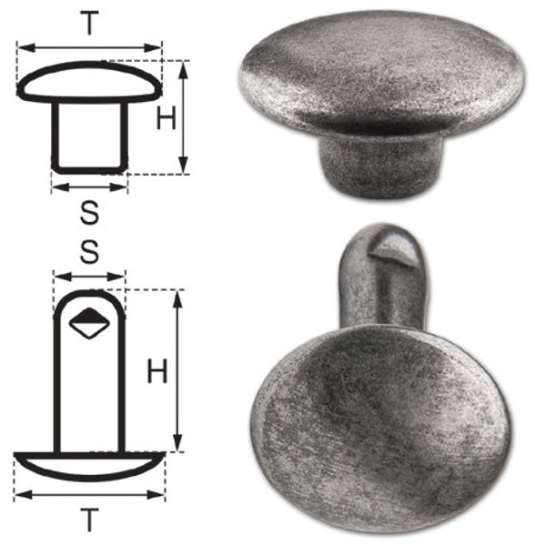 150 Double Cap Hollow Rivets 2-parts 7mm "7/8/2" Made of Iron (nickel free), Finish: Silver-Antique