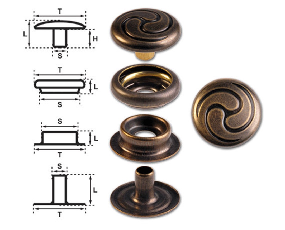 Brass nickel Free Ring-spring Snap Fastener Button F3 14mm Celtic Spiral,  Rapid Rivet Button, Finish: Brass-antique 