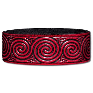 Celtic Leather Bracelet Wristband Cuff Embossed 24mm Celtic Spirals (3) Cherry-Red-Antique with Snap Fasteners (nickel free)