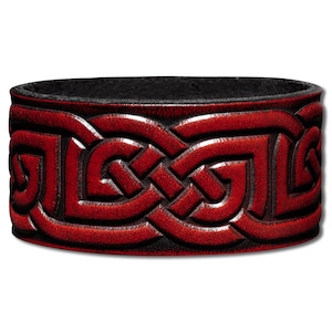 Celtic Leather Bracelet Wristband Cuff Embossed 32mm Celtic Knotwork (2) Mahogany-Antique with Snap Fasteners (nickel free)