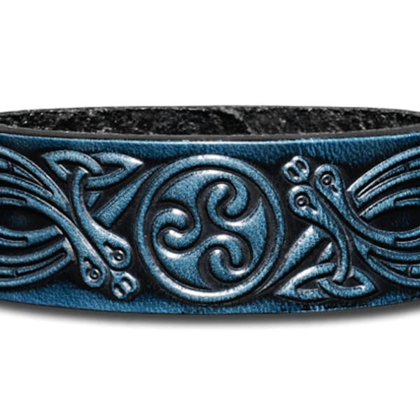 Bracelet en cuir celtique gaufré 24 MM en cuir de bétail Triskele avec serpents (6) bleu-antique avec fermeture à pression (sans nickel)