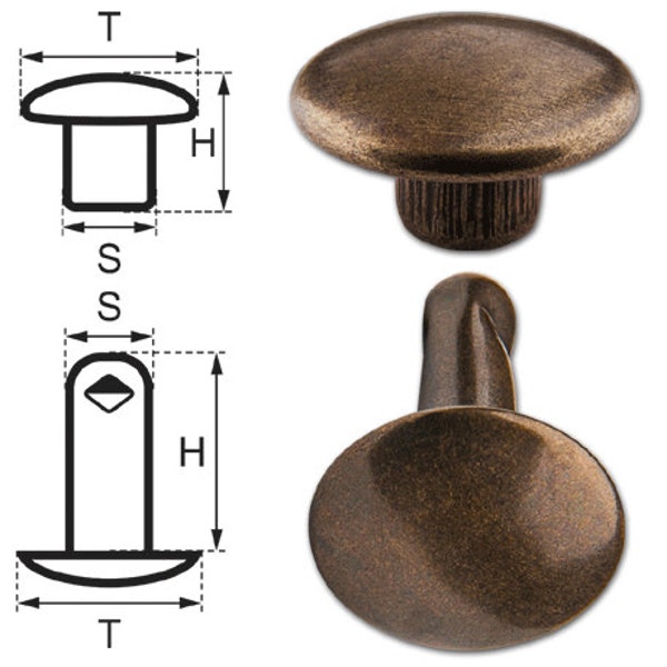 200 Double Cap Hollow Rivets 2-parts 7mm "7/8/2" Made of Iron (nickel free), Finish: Brass-Antique