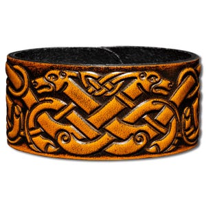 Celtic Leather Bracelet Wristband Cuff Embossed 32mm Celtic Intertwined Dogs (11) Honey-Antique with Snap Fasteners (nickel free)