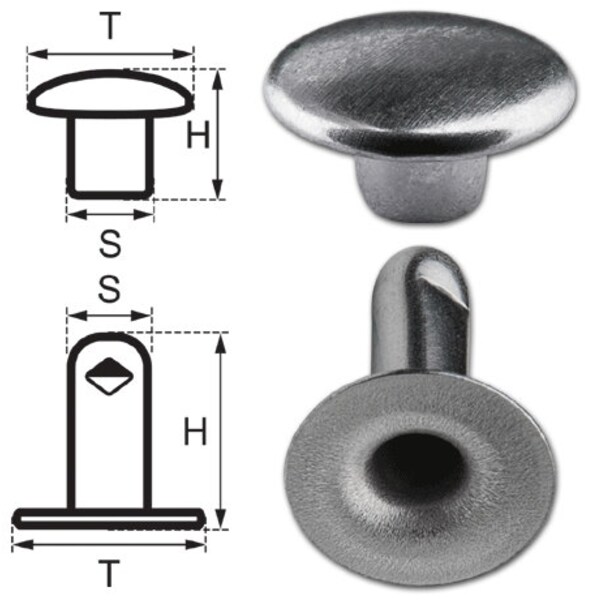 250 Single Cap Hollow Rivets 2-parts 7mm "7/8" Made of Iron (nickel included), Finish: Nickel-Glossy