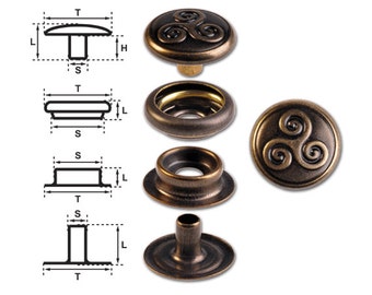 Brass (nickel free) Ring-Spring Snap Fastener Button ‘F3’ 14mm Celtic Triskel, Rapid Rivet Button, Finish: Brass-Antique