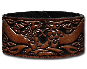 Celtic Leather Bracelet Wristband Cuff Embossed 32mm Celtic Lions (10) Brown-Antique with Snap Fasteners (nickel free)