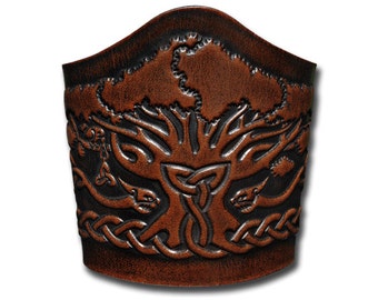 Celtic Lace-up Leather Bracelet Wristband Cuff Embossed 90mm Celtic Tree of Life with Celtic Dragons (6) Brown-Antique