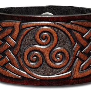 celtic Leather Bracelet Wristband Cuff Embossed 48mm Triskel with Celtic Knotwork (7) Brown-Antique with Snap Fasteners (nickel free)