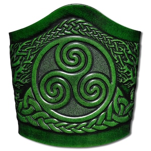 Celtic Lace-up Leather Bracelet Wristband Cuff Embossed 90mm Triskel with Celtic Tree of Life (5) Green-Antique