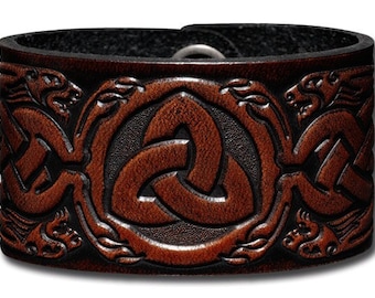 Celtic Leather Bracelet Wristband Cuff Embossed 40mm Trinity with Celtic Dragon Heads (4) Brown-Antique with Snap Fasteners (nickel free)