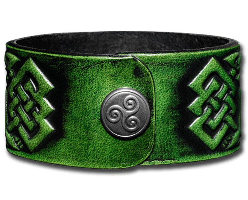 Leather Bracelet Wristband Cuff Embossed 32mm Celtic Tree of Life Antique-green with Snap Fasteners 6
