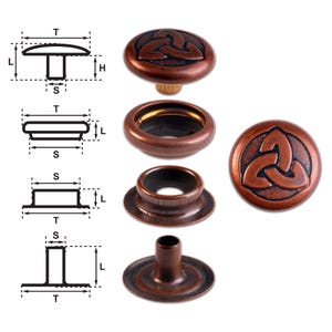 Brass (nickel free) Ring-Spring Snap Fastener Button ‘F3’ 14mm Celtic Trinity, Rapid Rivet Button, Finish: Copper-Antique