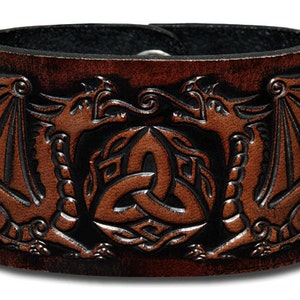 Celtic Leather Bracelet Wristband Cuff Embossed 48mm Celtic Dragons with Trinity (12) Brown-Antique with Snap Fasteners (nickel free)