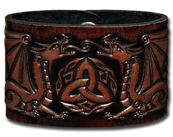 Celtic Leather Bracelet Wristband Cuff Embossed 48mm Celtic Dragons with Trinity (12) Brown-Antique with Snap Fasteners (nickel free)