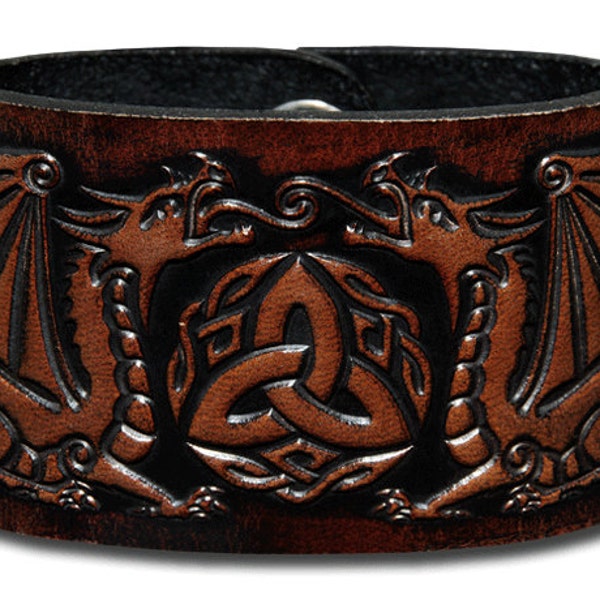 Bracelet en cuir Ketic gaufré de 48 MM en cuir de bétail dragons celtiques (12) brun-antique avec attache à pression (sans nickel)