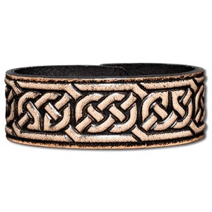 Celtic Leather Bracelet Wristband Cuff Embossed 24mm Celtic Knotwork (1) Black-Antique with Snap Fasteners (nickel free)