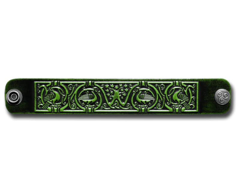 Leather Bracelet Wristband Cuff Embossed 32mm Celtic Tree of Life Antique-green with Snap Fasteners 6