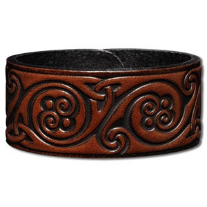 Celtic Leather Bracelet Wristband Cuff Embossed 32mm Celtic Spirals (4) Brown-Antique with Snap Fasteners (nickel free)
