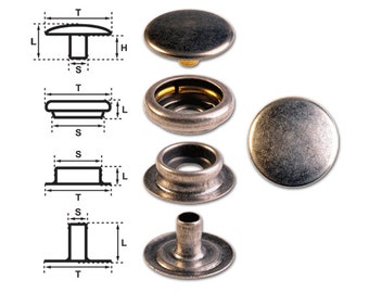 Brass (Nickel Free) Ring-Spring Snap Fastener Button "F3" 14mm, Rapid Rivet Button, Press Snap Button, Finish: Silver-Antique