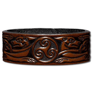Celtic Leather Bracelet Wristband Cuff Embossed 24mm Triskel with Celtic Dogs (13) Brown-Antique with Snap Fasteners (nickel free)