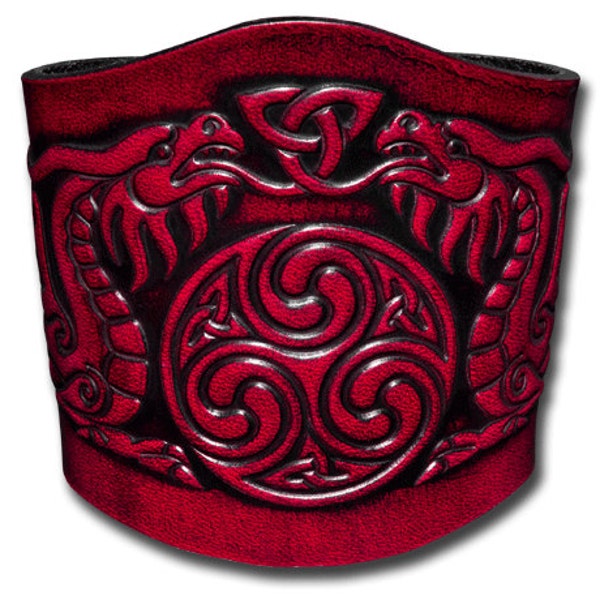 Bracelet en cuir celtique gaufré 80 MM en cuir de bétail complet Dragon celtique Triskele (12) église rouge antique avec fermeture à pression (sans nickel)