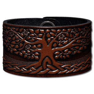 Celtic Leather Bracelet Wristband Cuff Embossed 40mm Celtic Tree of Life (6) Brown-Antique with Snap Fasteners (nickel free)