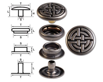 Brass (nickel free) Ring-Spring Snap Fastener Button “F3” 17mm Celtic Knot, Rapid Rivet Button, Finish: Nickel-Antique