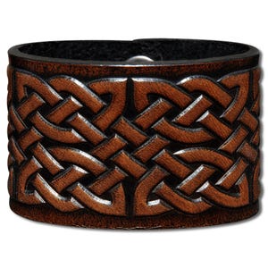 Celtic Leather Bracelet Wristband Cuff Embossed 48mm Celtic Knotwork (2) Brown-Antique with Snap Fasteners (nickel free)