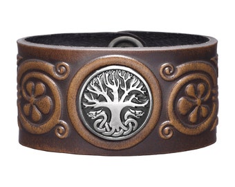 Leather Bracelet Wristband Cuff Embossed 36mm Celtic Tree of Life with Concho Celtic Tree of Life Snap Fasteners (Nickel Free)