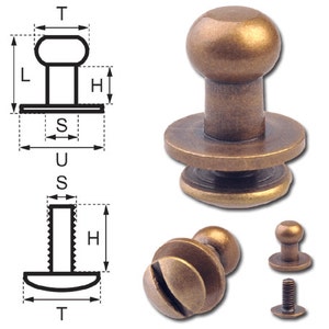 Könnte beinhalten: Ein runder Messing-Druckknopf mit einem Schraubsockel. Der Druckknopf hat eine glatte, glänzende Oberfläche. Der Sockel ist eine flache Scheibe mit einem erhöhten Rand. Die Schraube ist Gewinde und hat einen flachen Kopf. Der Druckknopf wird in drei verschiedenen Ansichten gezeigt: von oben, von der Seite und von unten.