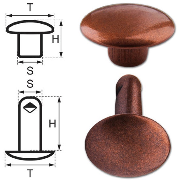 150 Double Cap Hollow Rivets 2-parts 9mm "9/10/2" Made of Iron (nickel free), Finish: Copper-Antique