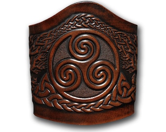 Celtic Lace-up Leather Bracelet Wristband Cuff Embossed 90mm Triskel with Celtic Tree of Life (5) Brown-Antique