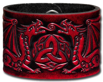 Celtic Leather Bracelet Wristband Cuff Embossed 48mm Celtic Dragons with Trinity (12) Cherry-Red-Antique with Snap Fasteners (nickel free)