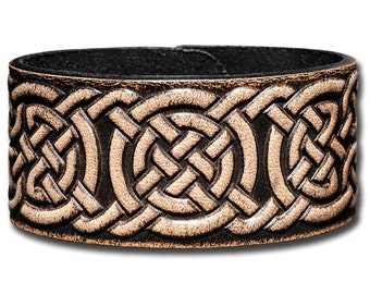 Celtic Leather Bracelet Wristband Cuff Embossed 32mm Celtic Knotwork (1) Black-Antique with Snap Fasteners (nickel free)