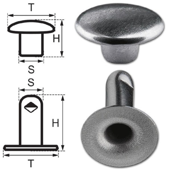 150 Single Cap Hollow Rivets 2-parts 9mm "9/10" Made of Iron (nickel free), Finish: Nickel-Glossy