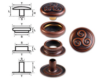 Brass (nickel free) Ring-Spring Snap Fastener Button ‘F3’ 14mm Celtic Triskel, Rapid Rivet Button, Finish: Copper-Antique